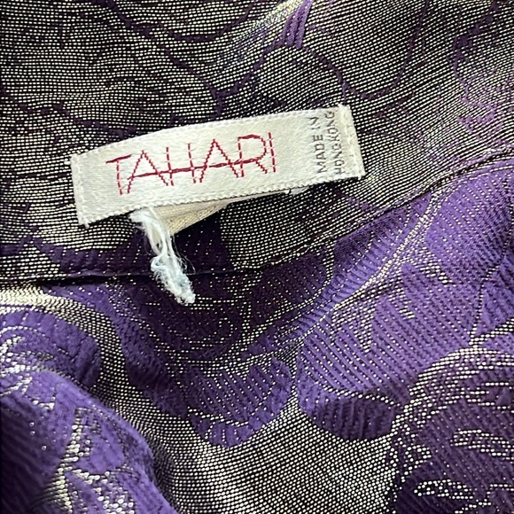 Vintage 90s Tahari Silk Blend Purple Blouse with Gold Flowers - Picture 7 of 9